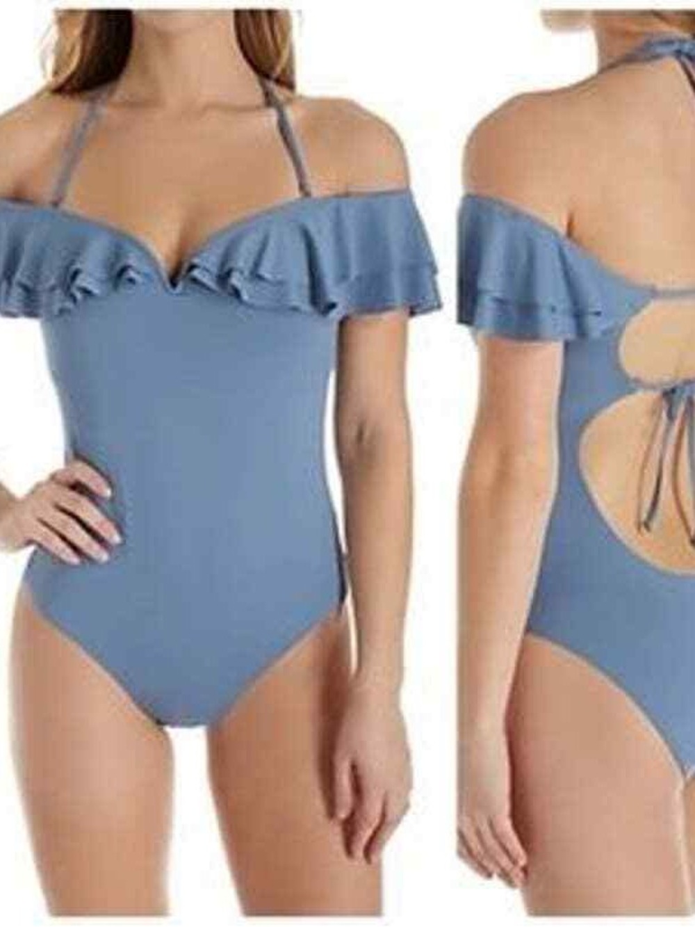 BECCA Blue Ruffle Off-Shoulder One-Piece Swimsuit - Picture 2 of 5